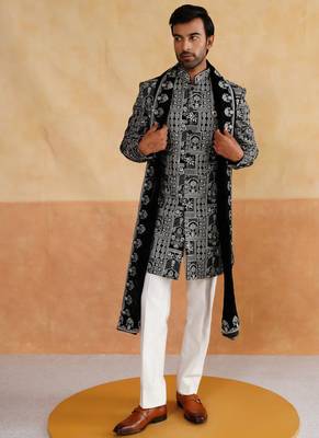 Black velvet thread and beads embroidered indowestern with stole 1