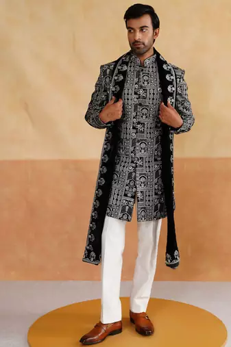 Black velvet thread and beads embroidered indowestern with stole