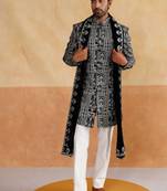 Black velvet thread and beads embroidered indowestern with stole