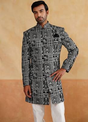 Black velvet thread and beads embroidered indowestern with stole 2