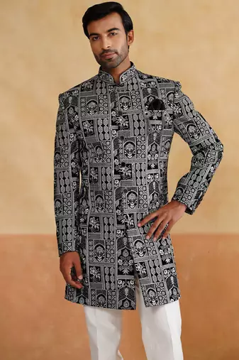 Black velvet thread and beads embroidered indowestern with stole