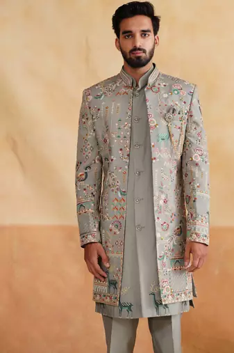 Grey thread and sequins embroidered indowestern