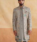 Grey thread and sequins embroidered indowestern