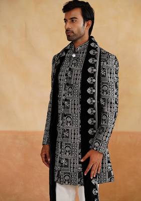 Black velvet thread and beads embroidered indowestern with stole 3
