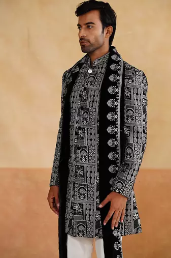Black velvet thread and beads embroidered indowestern with stole