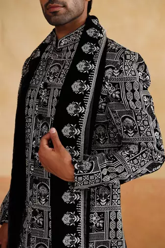 Black velvet thread and beads embroidered indowestern with stole