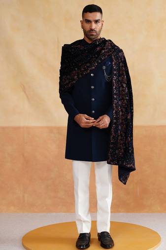 Plain navy indowestern with stole