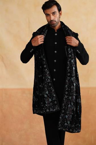 Plain black indowestern with stole