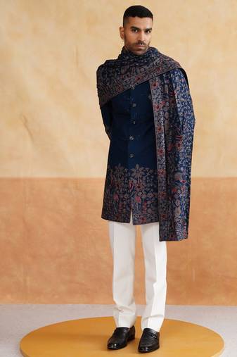 Teal blue tread and swarovski embroidered indowestern with stole