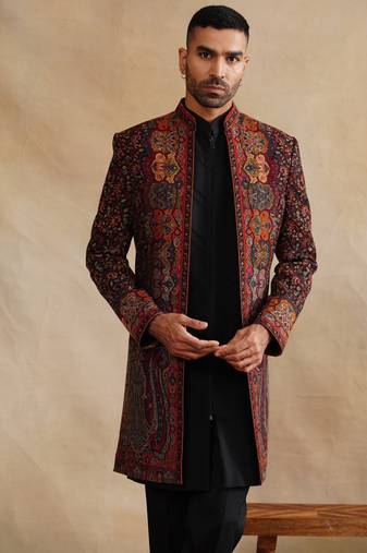 Black multicolor kani work indowestern for men