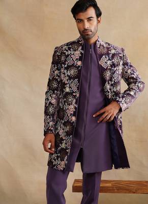 Purple thread and sequins emroidered indowestern with zip 1