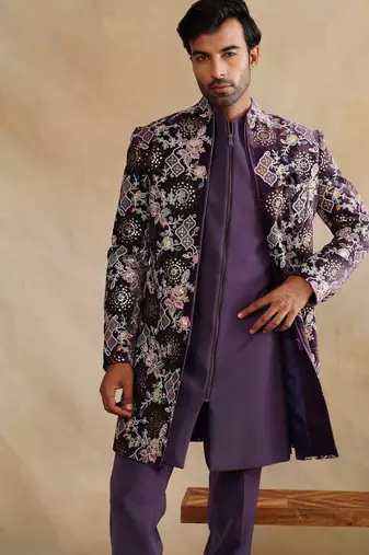 Purple thread and sequins emroidered indowestern with zip