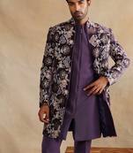 Purple thread and sequins emroidered indowestern with zip