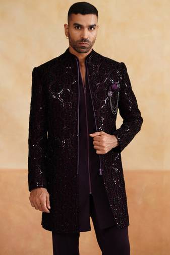 Wine beads embroidered indowestern with zip