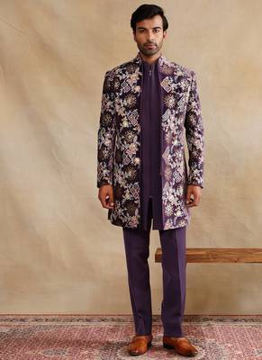 Purple thread and sequins emroidered indowestern with zip 2