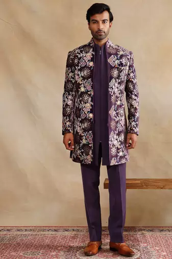 Purple thread and sequins emroidered indowestern with zip