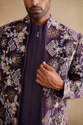 Purple thread and sequins emroidered indowestern with zip 3