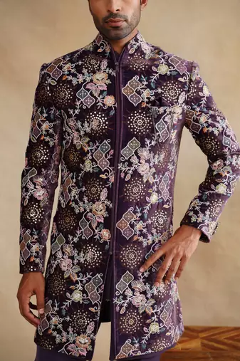 Purple thread and sequins emroidered indowestern with zip