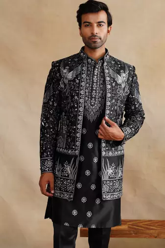 Black thread and sequins embroidered indowestern
