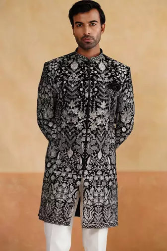 Black thread and swarovski embroidered indowestern