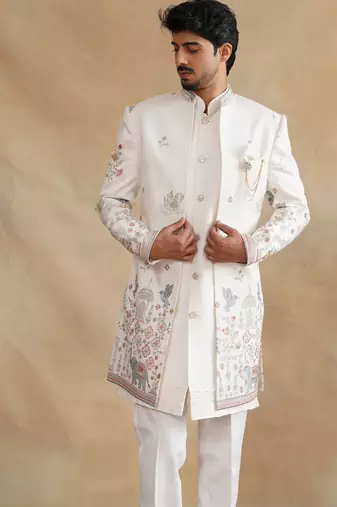 ivory thread and zari embroidered indowestern
