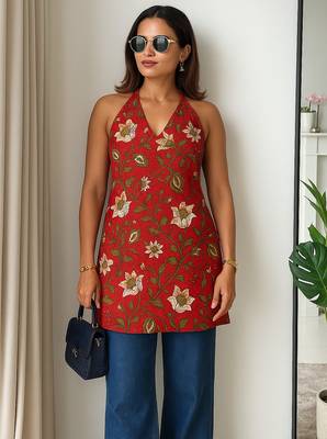 Women   s 100% cotton printed halter neck short kurti     back elastic, side slits, tie-up neck | casual summer wear 1