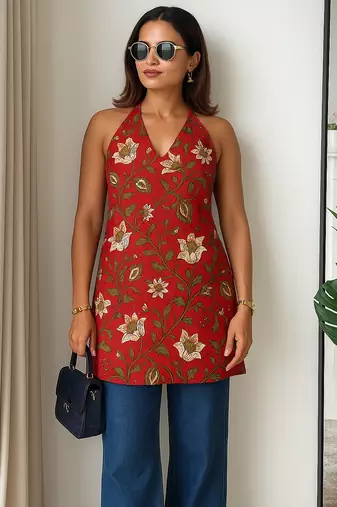 Women   s 100% cotton printed halter neck short kurti     back elastic, side slits, tie-up neck | casual summer wear
