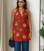 Women   s 100% cotton printed halter neck short kurti     back elastic, side slits, tie-up neck | casual summer wear