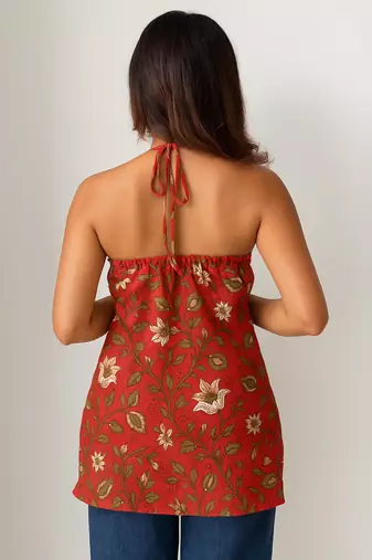 Women   s 100% cotton printed halter neck short kurti     back elastic, side slits, tie-up neck | casual summer wear