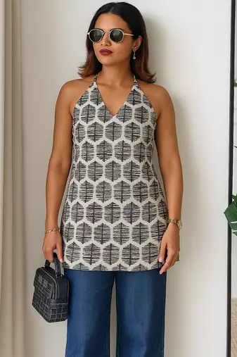 Women   s 100% cotton printed halter neck short kurti     back elastic, side slits, tie-up neck | casual summer wear