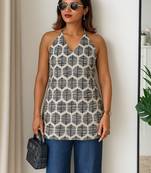 Women   s 100% cotton printed halter neck short kurti     back elastic, side slits, tie-up neck | casual summer wear