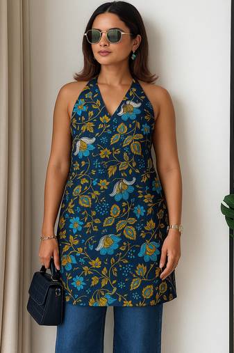 Women   s 100% cotton printed halter neck short kurti     back elastic, side slits, tie-up neck | casual summer wear