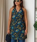 Women   s 100% cotton printed halter neck short kurti     back elastic, side slits, tie-up neck | casual summer wear