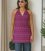 Women   s 100% cotton printed halter neck short kurti     back elastic, side slits, tie-up neck | casual summer wear