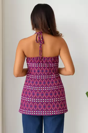 Women   s 100% cotton printed halter neck short kurti     back elastic, side slits, tie-up neck | casual summer wear
