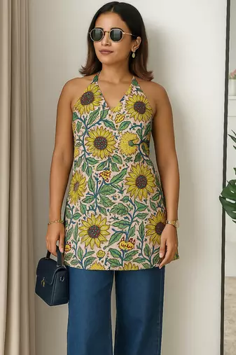 Women   s 100% cotton printed halter neck short kurti     back elastic, side slits, tie-up neck | casual summer wear