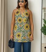 Women   s 100% cotton printed halter neck short kurti     back elastic, side slits, tie-up neck | casual summer wear