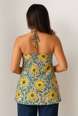 Women   s 100% cotton printed halter neck short kurti     back elastic, side slits, tie-up neck | casual summer wear 2