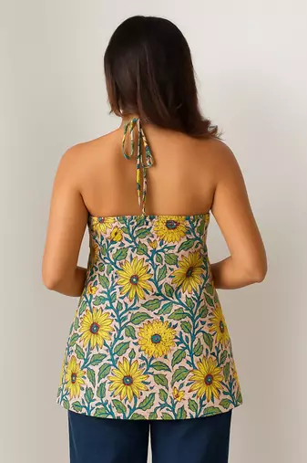 Women   s 100% cotton printed halter neck short kurti     back elastic, side slits, tie-up neck | casual summer wear