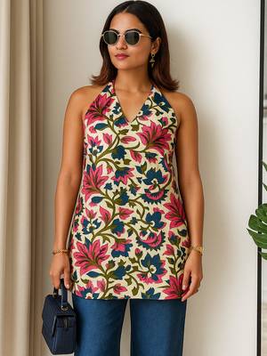 Women   s 100% cotton printed halter neck short kurti     back elastic, side slits, tie-up neck | casual summer wear 1