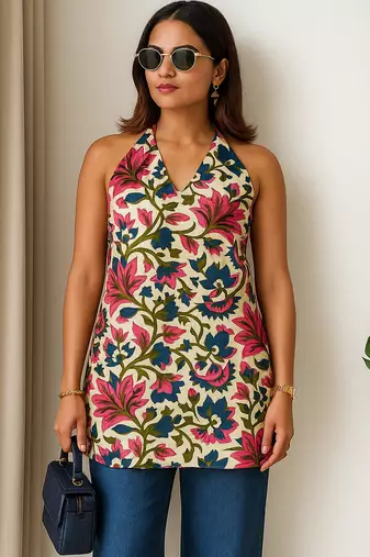 Women   s 100% cotton printed halter neck short kurti     back elastic, side slits, tie-up neck | casual summer wear