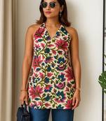 Women   s 100% cotton printed halter neck short kurti     back elastic, side slits, tie-up neck | casual summer wear