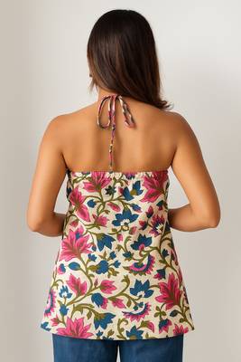 Women   s 100% cotton printed halter neck short kurti     back elastic, side slits, tie-up neck | casual summer wear 2