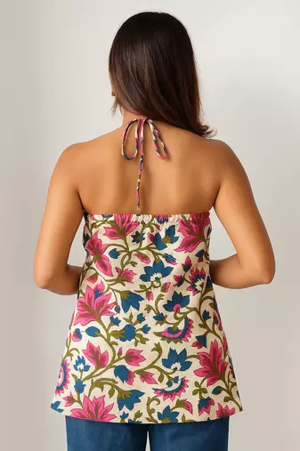 Women   s 100% cotton printed halter neck short kurti     back elastic, side slits, tie-up neck | casual summer wear