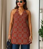 Women   s 100% cotton printed halter neck short kurti     back elastic, side slits, tie-up neck | casual summer wear