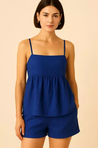 Women blue cotton linen peplum strap top with elastic waist shorts co-ord set