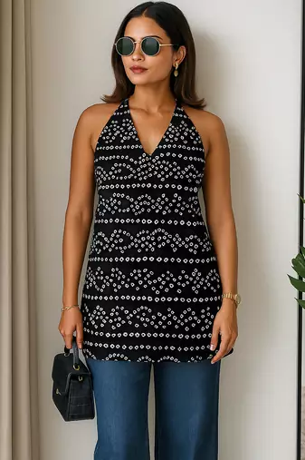 Women   s 100% cotton printed halter neck short kurti     back elastic, side slits, tie-up neck | casual summer wear