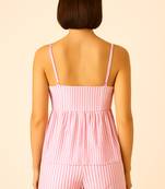 Women baby pink stripes printed cotton linen peplum strap top with elastic waist shorts co-ord set