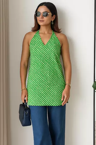 Women   s 100% cotton printed halter neck short kurti     back elastic, side slits, tie-up neck | casual summer wear