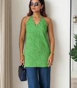 Women   s 100% cotton printed halter neck short kurti     back elastic, side slits, tie-up neck | casual summer wear